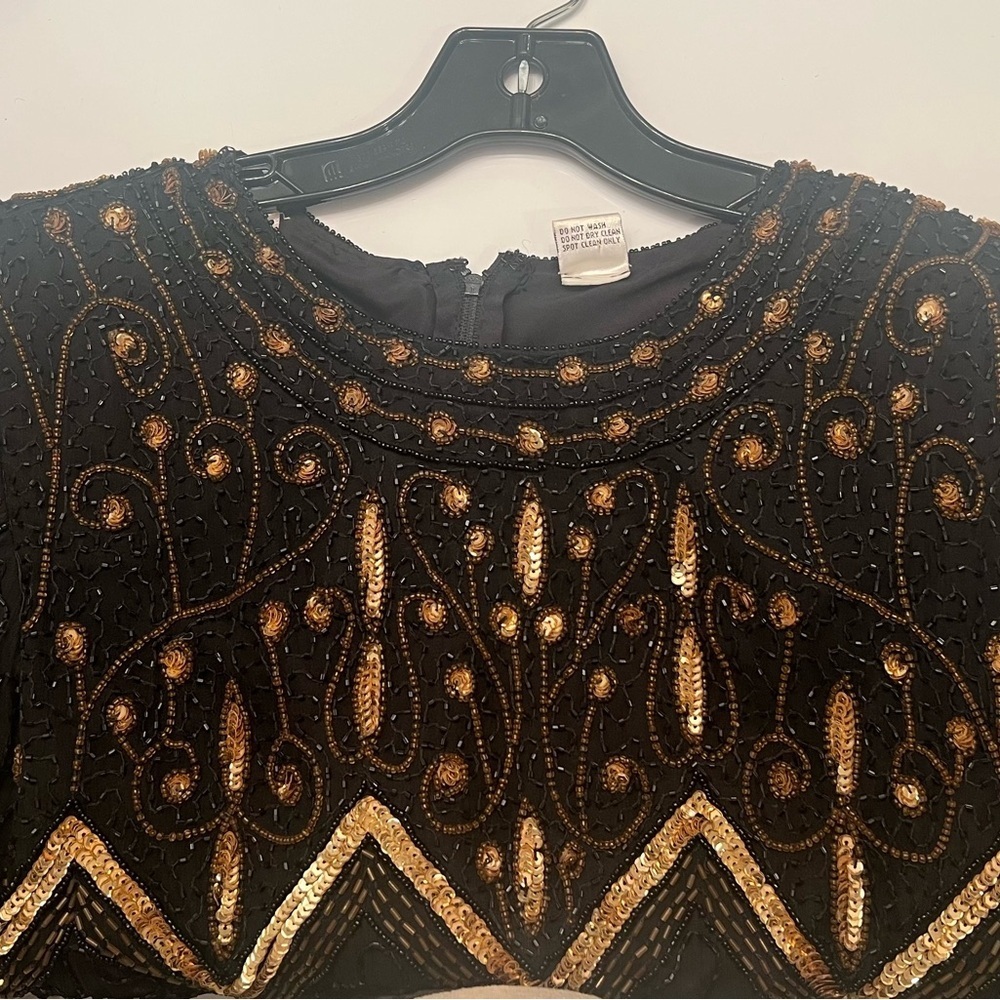 VINTAGE Size M LAWRENCE KAZAR black gold sequin cocktail dress with slit - Picture 7 of 16